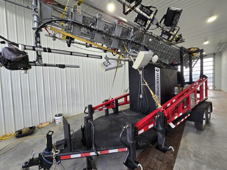 Interceptor Systems 110' Mobile Tower with Server Room and Lights.