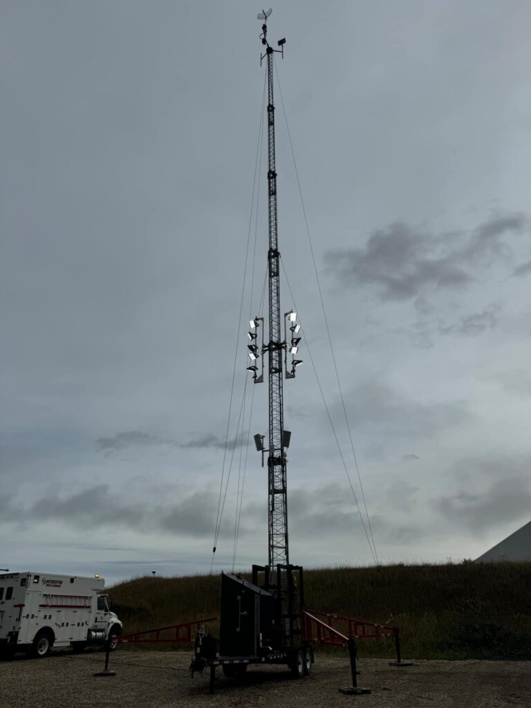 Interceptor Systems 110' Mobile Tower Installation with Server Room and Lights.