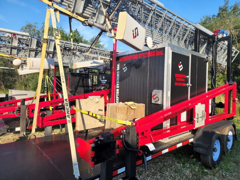 Interceptor Systems 110' Mobile Tower Installation with Server Room and Lights.